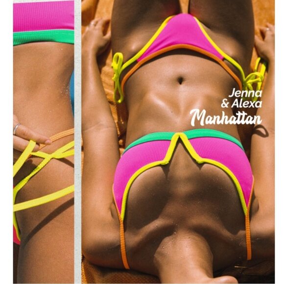 NWT OneOne Swimwear Bikini Set Manhattan Neon Pink Jenna Alexa NEW Yellow Green - Picture 2 of 6